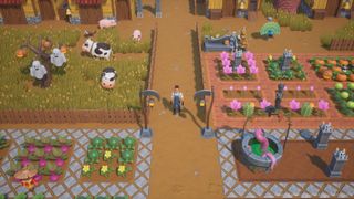 Coral Island - a player walks down a dirt path between a cow pasture, crops, flowers, and decorations
