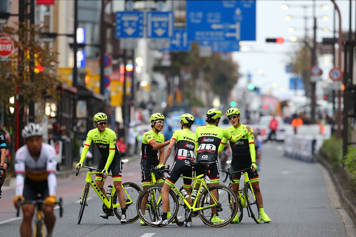 Trek-Segafredo celebrate after the Japan Cup criterium