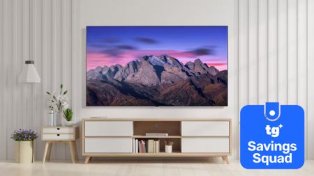 The LG B5 OLED TV, wall-mounted in a modern living room and displaying a mountain range at sunrise. There is a badge in the bottom-right corner that reads: "TG Savings Squad".