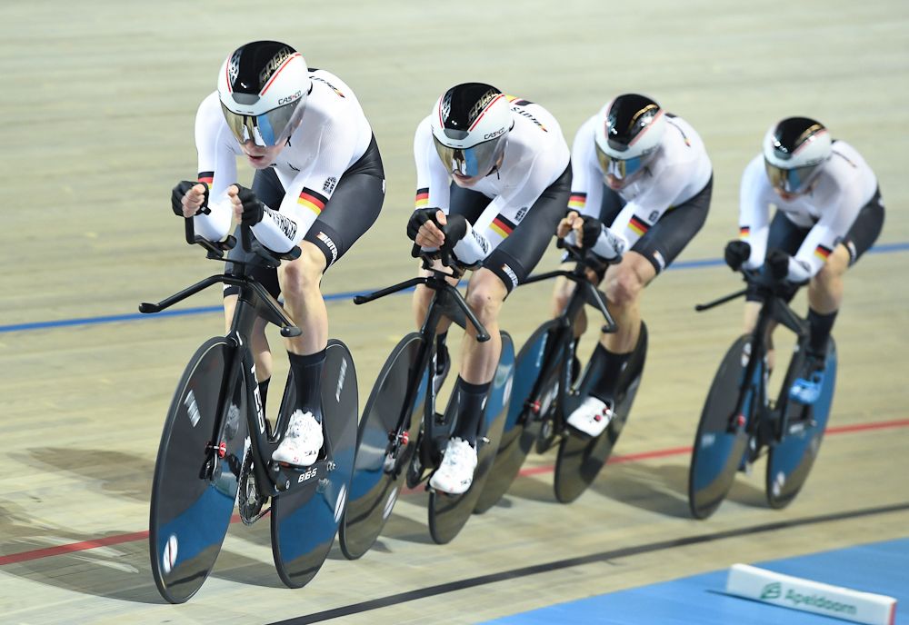 Germany's men's Team Pursuit squad take part in the qualifying round of the UCI Track Cycling World Championships in Apeldoorn