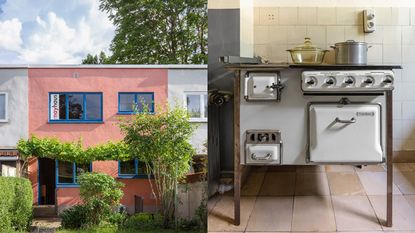 exterior and interior of Neues Frankfurt house and its modernist architecture and kitchen