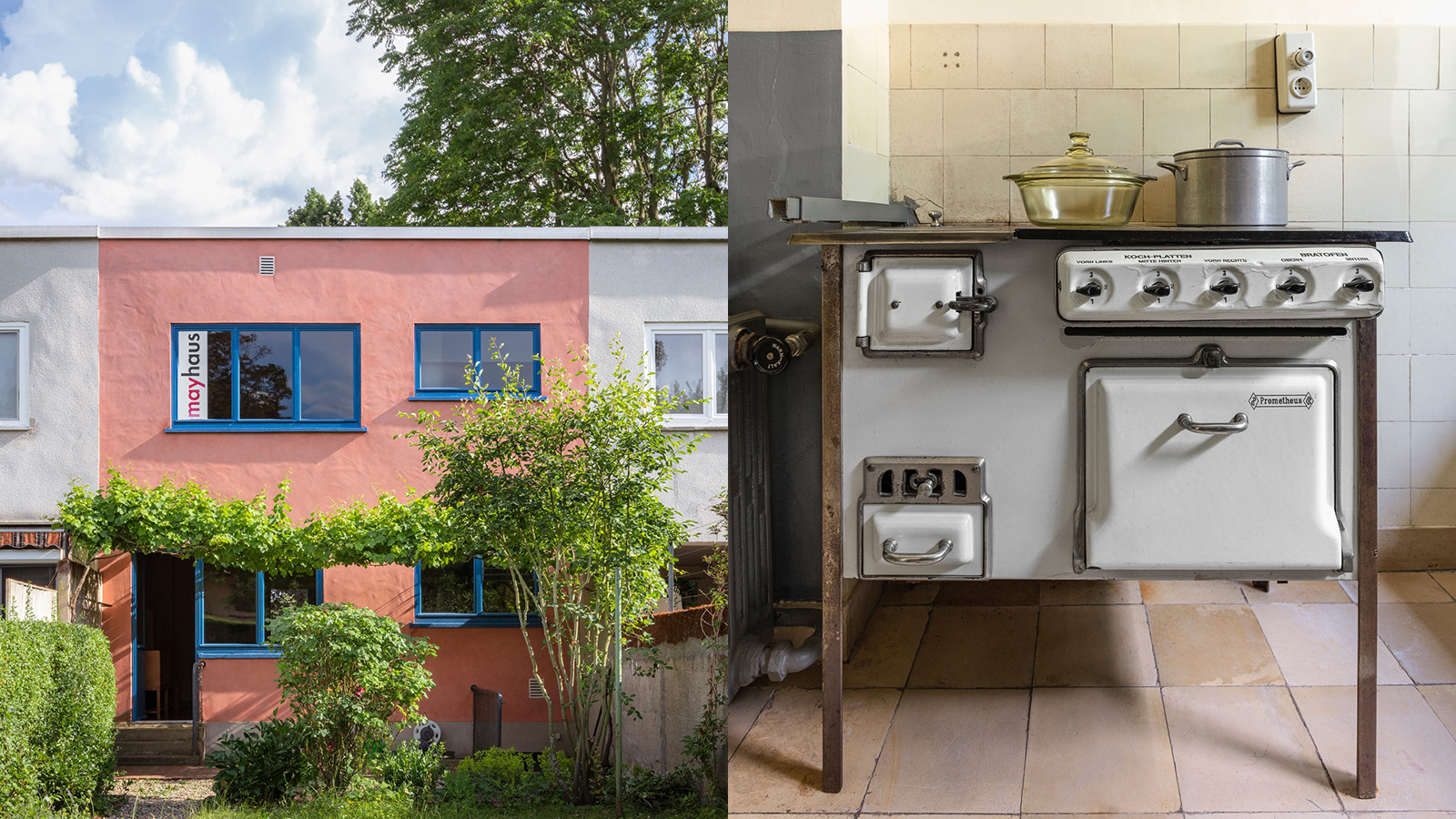 exterior and interior of Neues Frankfurt house and its modernist architecture and kitchen