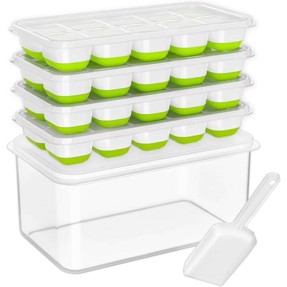 Prep &amp;amp; Savour Ice Cube Tray With Lid and Bin, 4 Pack Silicone Plastic Ice Cubes Trays for Freezer With Box/container, Stackable With Storage Iced Bucket Kits, Scoop, for Soup, Food, Cocktail, Coffee &amp;amp; Reviews | Wayfair