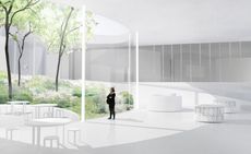 Design of extension for the Alvar Aalto Museum with curved glass walls and an internal garden
