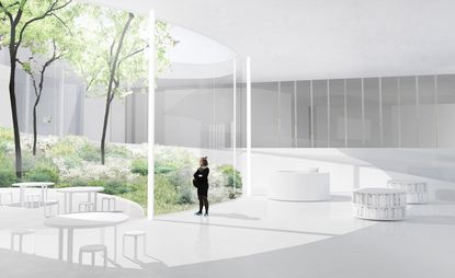 Design of extension for the Alvar Aalto Museum with curved glass walls and an internal garden