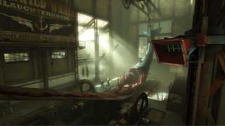 Best video game architecture; a whale is being cut up in a large steampunk warehouse