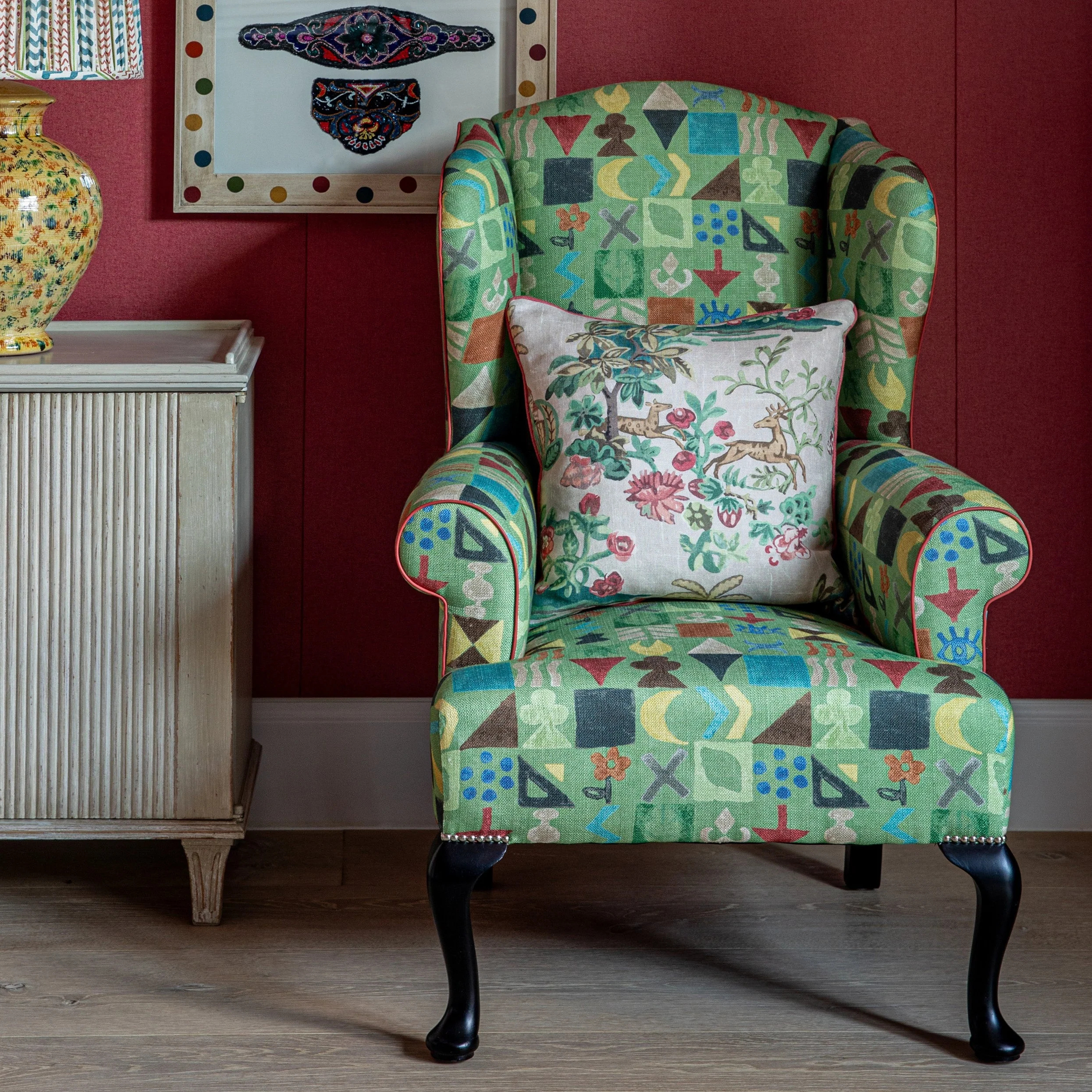 a chair upholstered in kit kemp's gp & j baker potato print