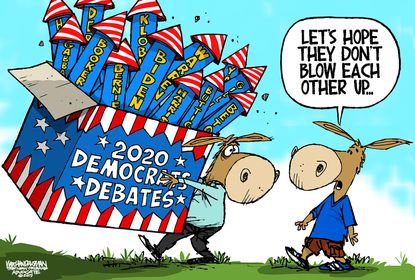 Political Cartoon U.S. Democrat Debates Firecrackers Danger