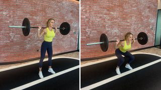 Trainer Sarah Lindsay demonstrates two positions of the barbell back squat