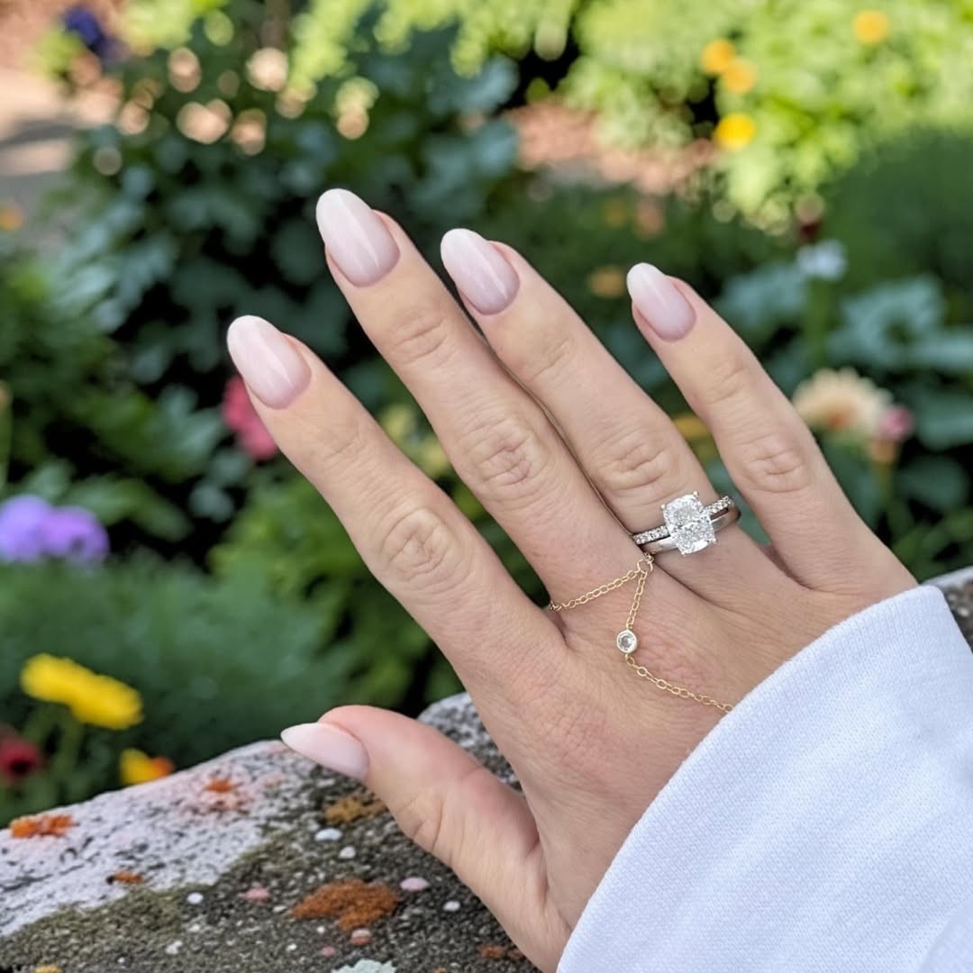 A hand showing off a Russian-style engagement manicure.