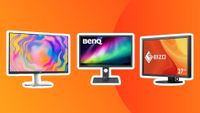 Three of the best monitors for video editing on an orange background. 