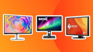 Three of the best monitors for video editing on an orange background. 