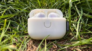 Urbanears Juno earbuds in the charging case on grass