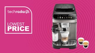 De'Longhi Magnifica Evo Automatic Espresso and Coffee Machine with espresso cups and latte on pink background with TechRadar lowest price sign