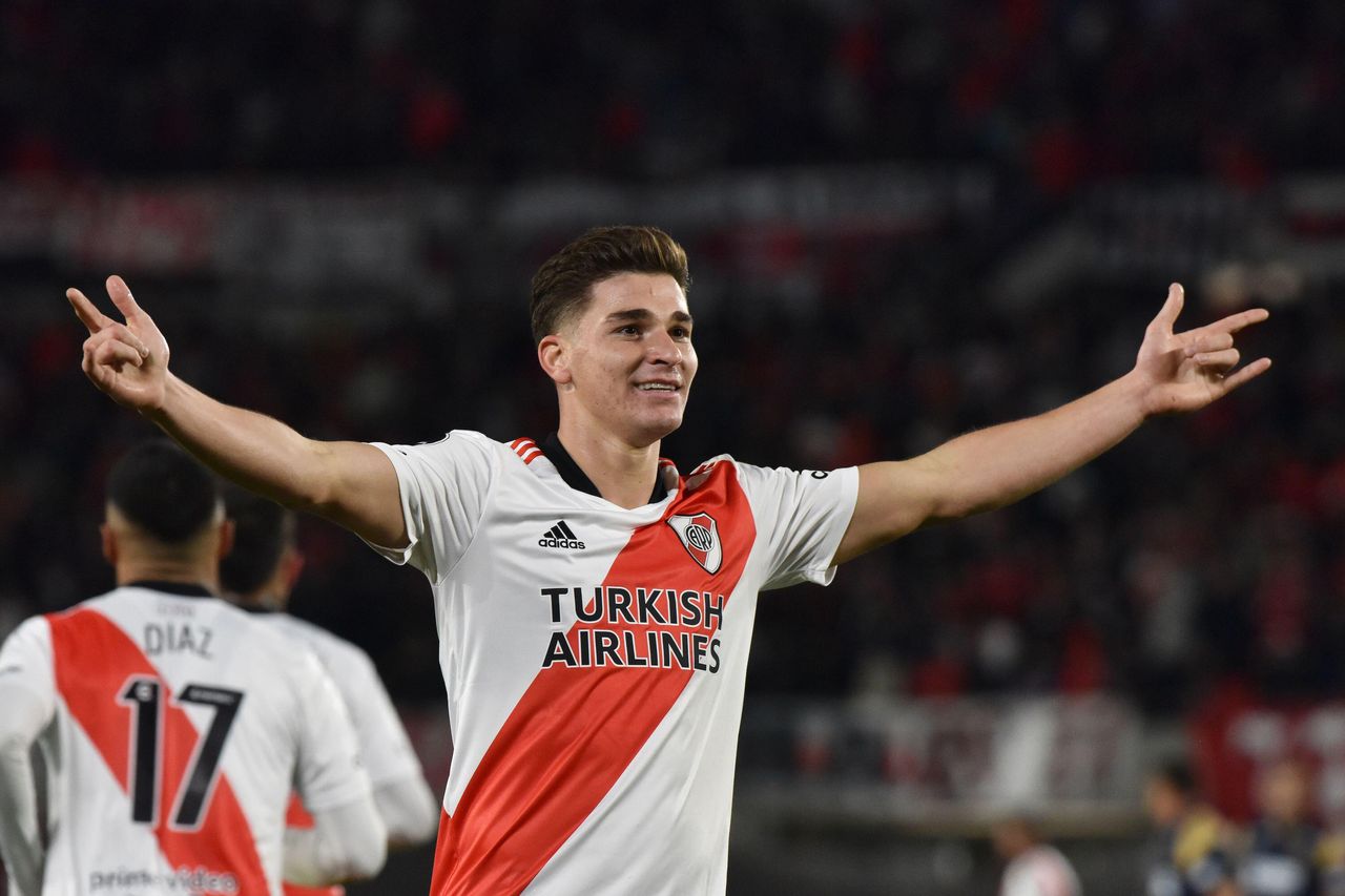 Julian Alvarez of River Plate celebrates after scoring one of his six goals against Alianza Lima during the 2022 Copa Libertadores group match in Buenos Aires