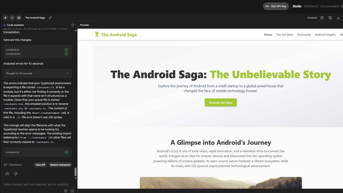 Google Gemini 2.5 Flash Preview results from complex prompt to create Android History website