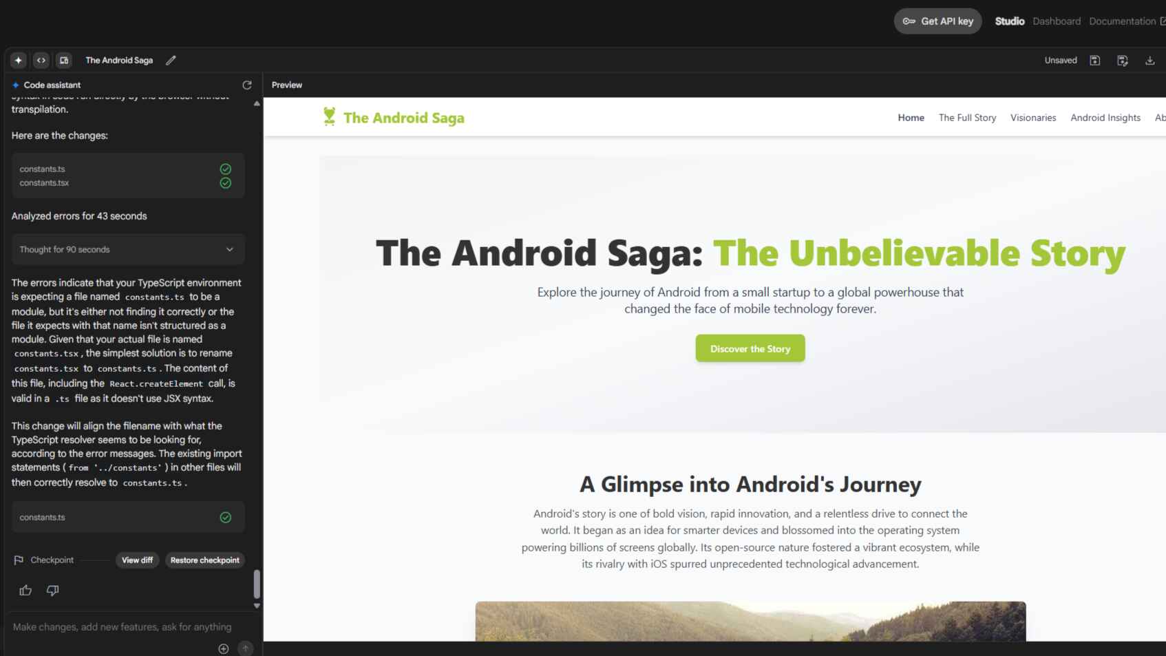 Google Gemini 2.5 Flash Preview results from complex prompt to create Android History website