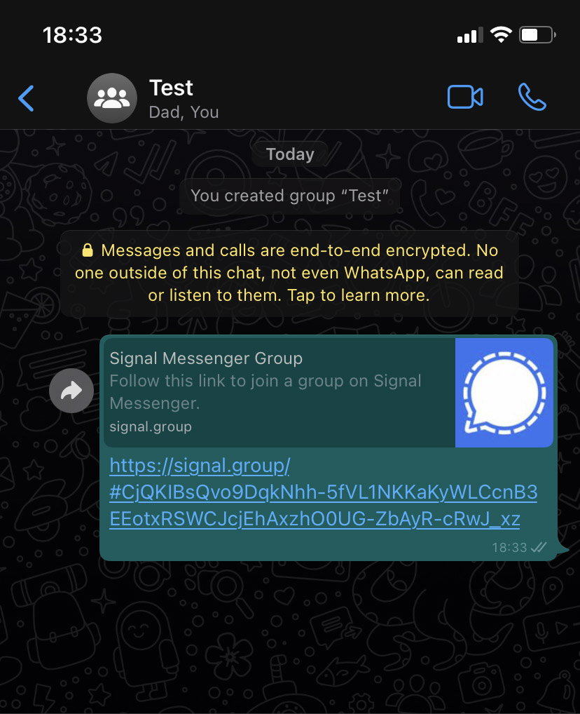 Скриншот ссылки для приглашения в группу в Signal.
