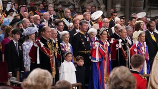 LONDON, ENGLAND - MAY 06: (Front row L-R) Prince William, Prince of Wales, Princess Charlotte, Prince Louis and Catherine, Princess of Wales, Prince Edward, Duke of Edinburgh and Sophie, Duchess of Edinburgh during the coronation ceremony of King Charles III and Queen Camilla in Westminster Abbey, on May 6, 2023 in London, England. The Coronation of Charles III and his wife, Camilla, as King and Queen of the United Kingdom of Great Britain and Northern Ireland, and the other Commonwealth realms takes place at Westminster Abbey today. Charles acceded to the throne on 8 September 2022, upon the death of his mother, Elizabeth II.