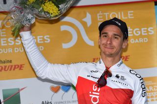 Team Cofidis French rider Bryan Coquard celebrates his victory on the podium of the second stage of the 52th edition of the Etoile de BessegesTour du Gard cycling race between SaintChristollesAles and Rousson in Rousson southern France on February 3 2022 Photo by Sylvain THOMAS AFP Photo by SYLVAIN THOMASAFP via Getty Images
