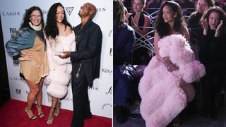 A photo of Rihanna wrapping herself in a plush light pink Alaïa coat during New York Fashion Week.