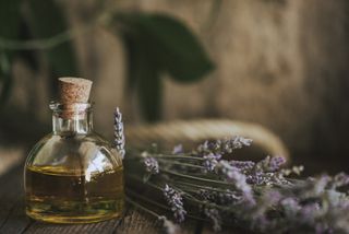 A glass bottle of lavender essential oil with a sprig of lavendar.