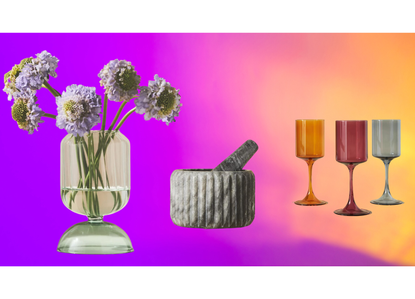 a vase, pestle and mortar and three wine glasses on a colorful background