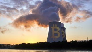 Stock image of nuclear plant with bitcoin logo