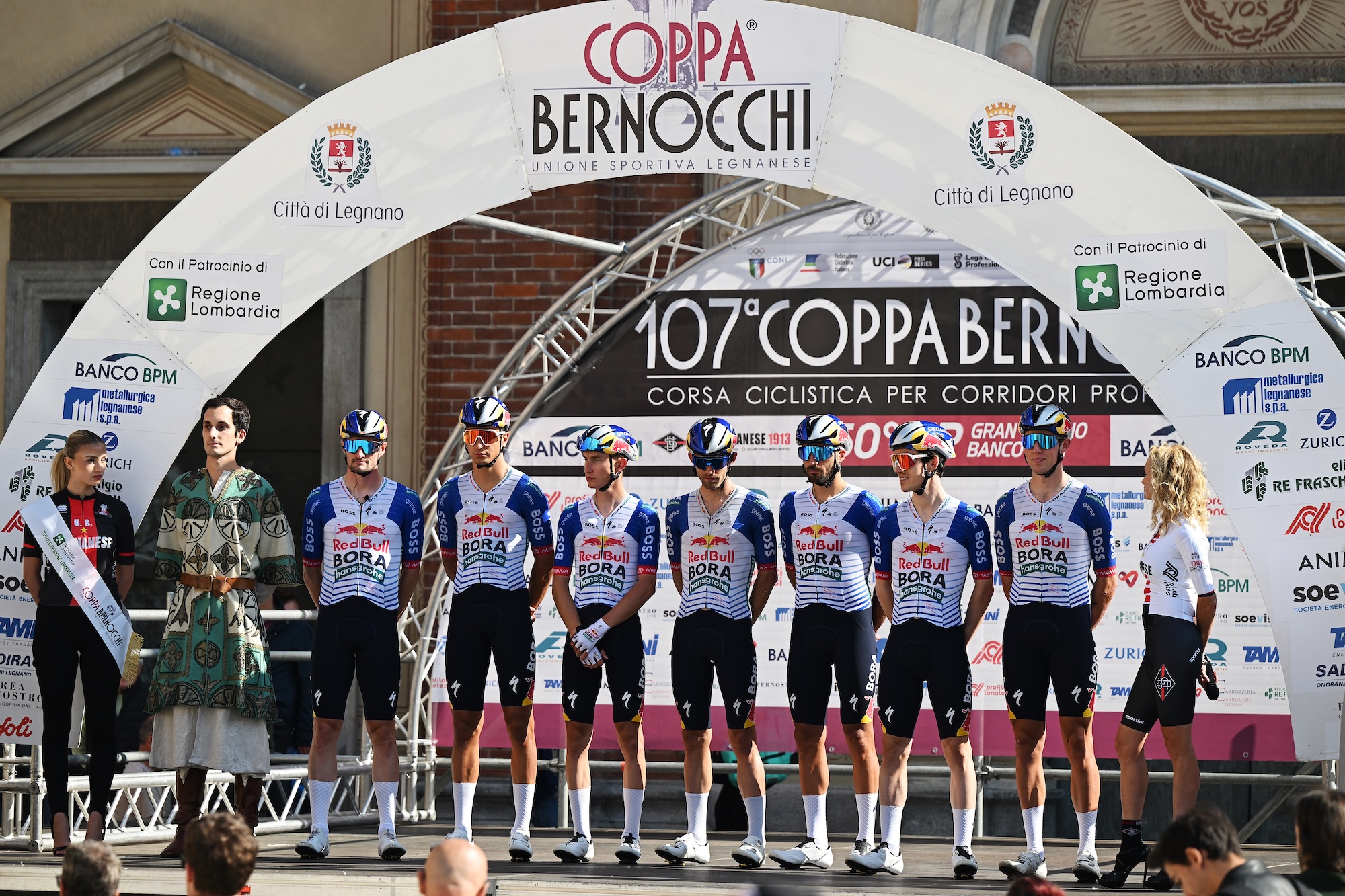 LEGNANO, ITALY - OCTOBER 05: A general view of Nico Denz of Germany, Davide Donati of Italy, Alexander Hajek of Austria, Gianni Moscon of Italy, Laurence Pithie of New Zealand, Giovanni Aleotti of Italy, Ben Zwiehoff of Germany and Team Red Bull - BORA - hansgrohe prior to the 107th Coppa Bernocchi 2026 a 178.1km one day race from Legnano to Legnano on October 05, 2026 in Legnano, Italy. (Photo by Dario Belingheri/Getty Images)