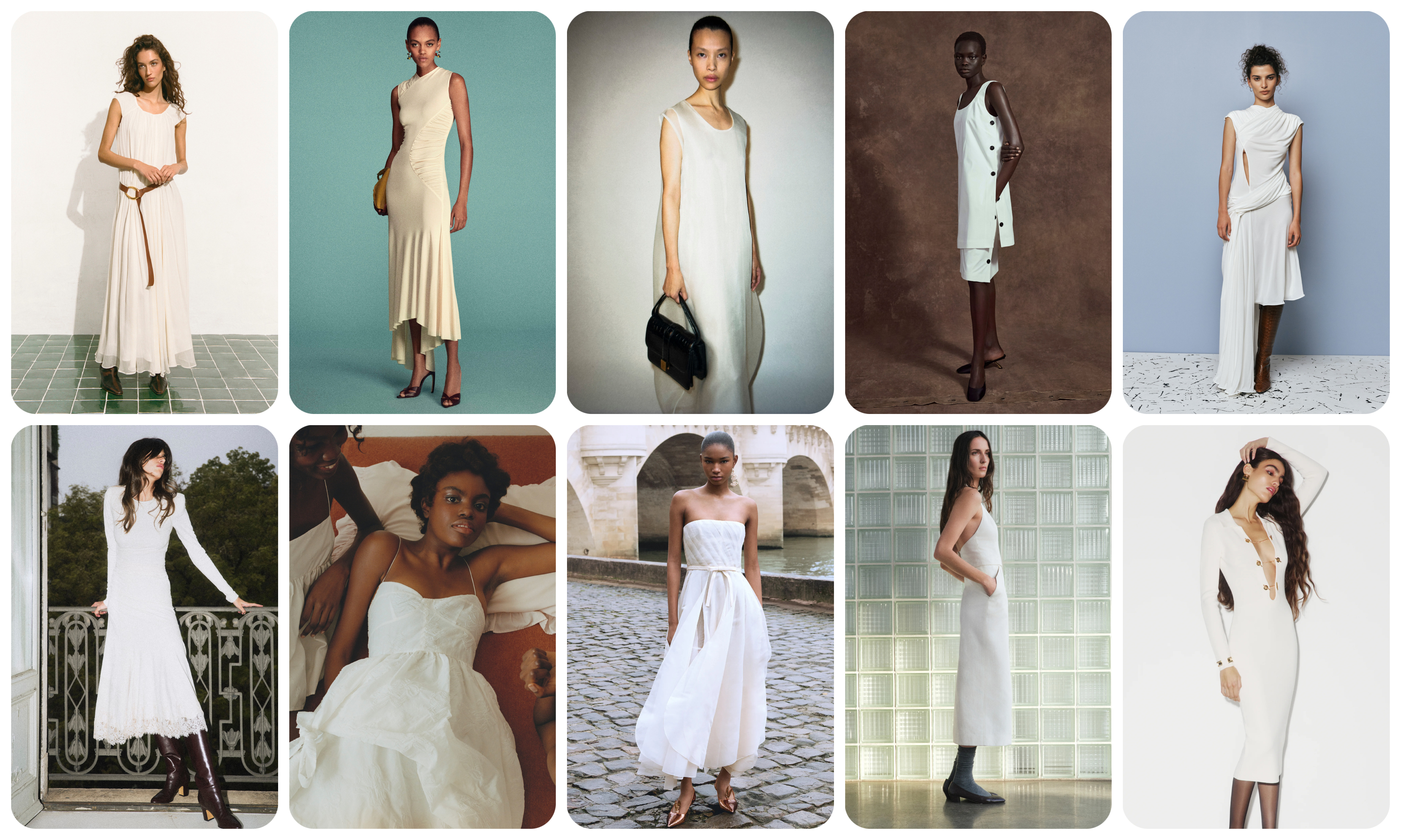 summer dress trends 2026, little white dresses at Staud, Victoria Beckham, Khaite, Ferragamo, Christopher Esber, Alberta Ferretti, Cecilie Bahnsen, Dior, TWP, and Elisabetta Franchi