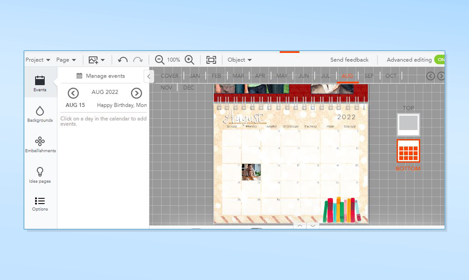 Shutterfly software calendar events