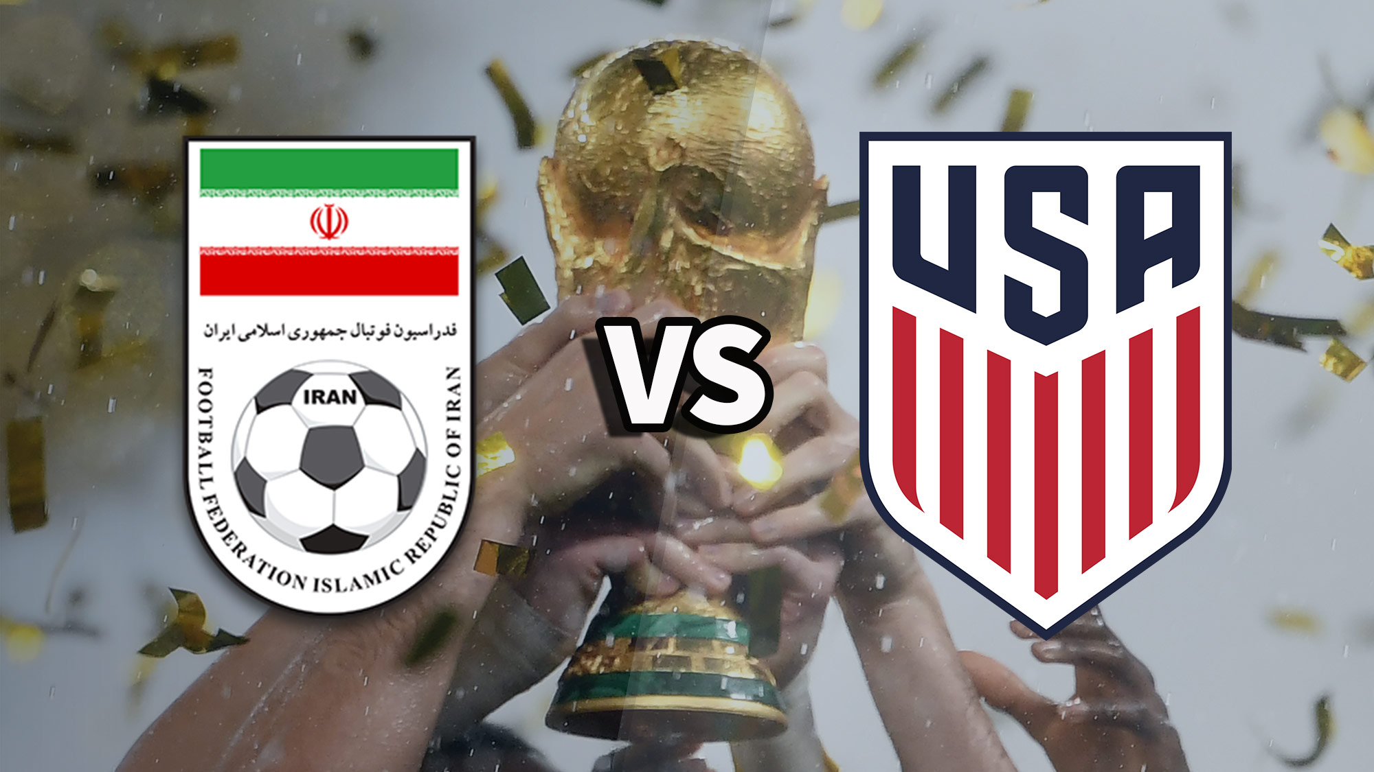 Значки сборной Ирана и США по футболу поверх фотографии поднятого трофея чемпионата мира
