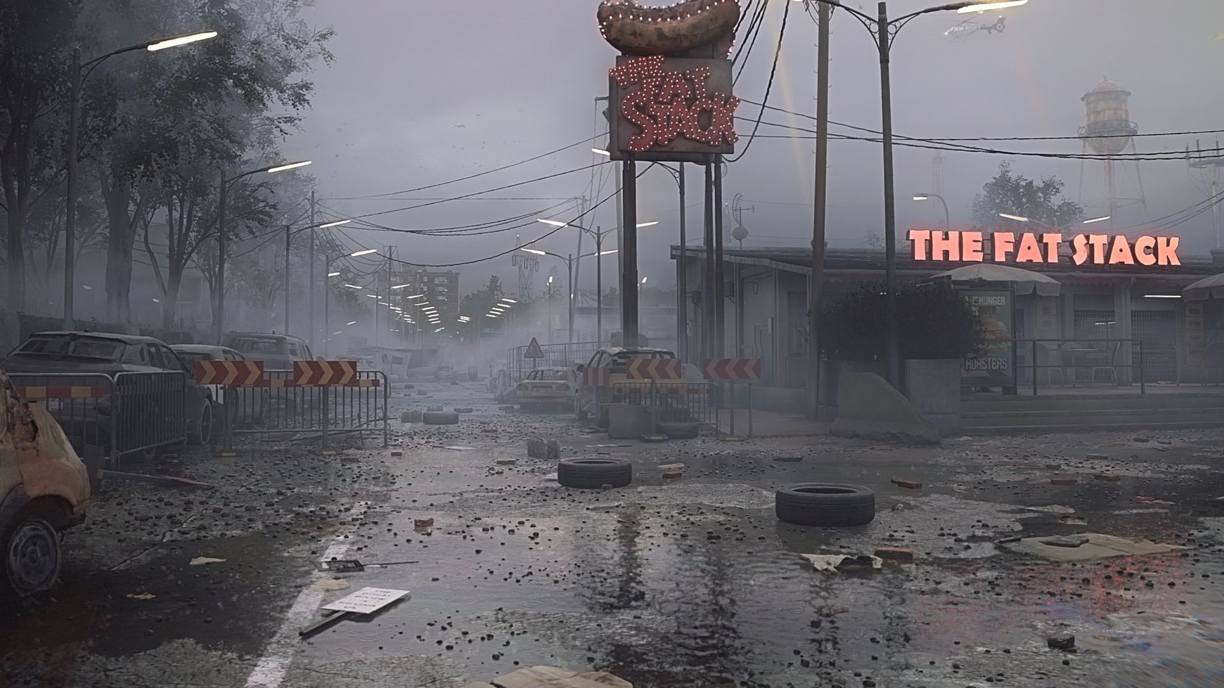 A view of a ruined street in Unrecord, with what looks like a burger joint.