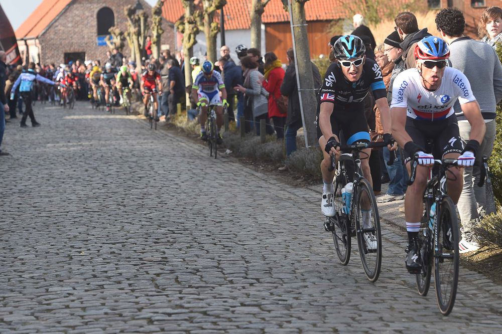 Sagan can't hold the pace as Stybar and Thomas ride away.
