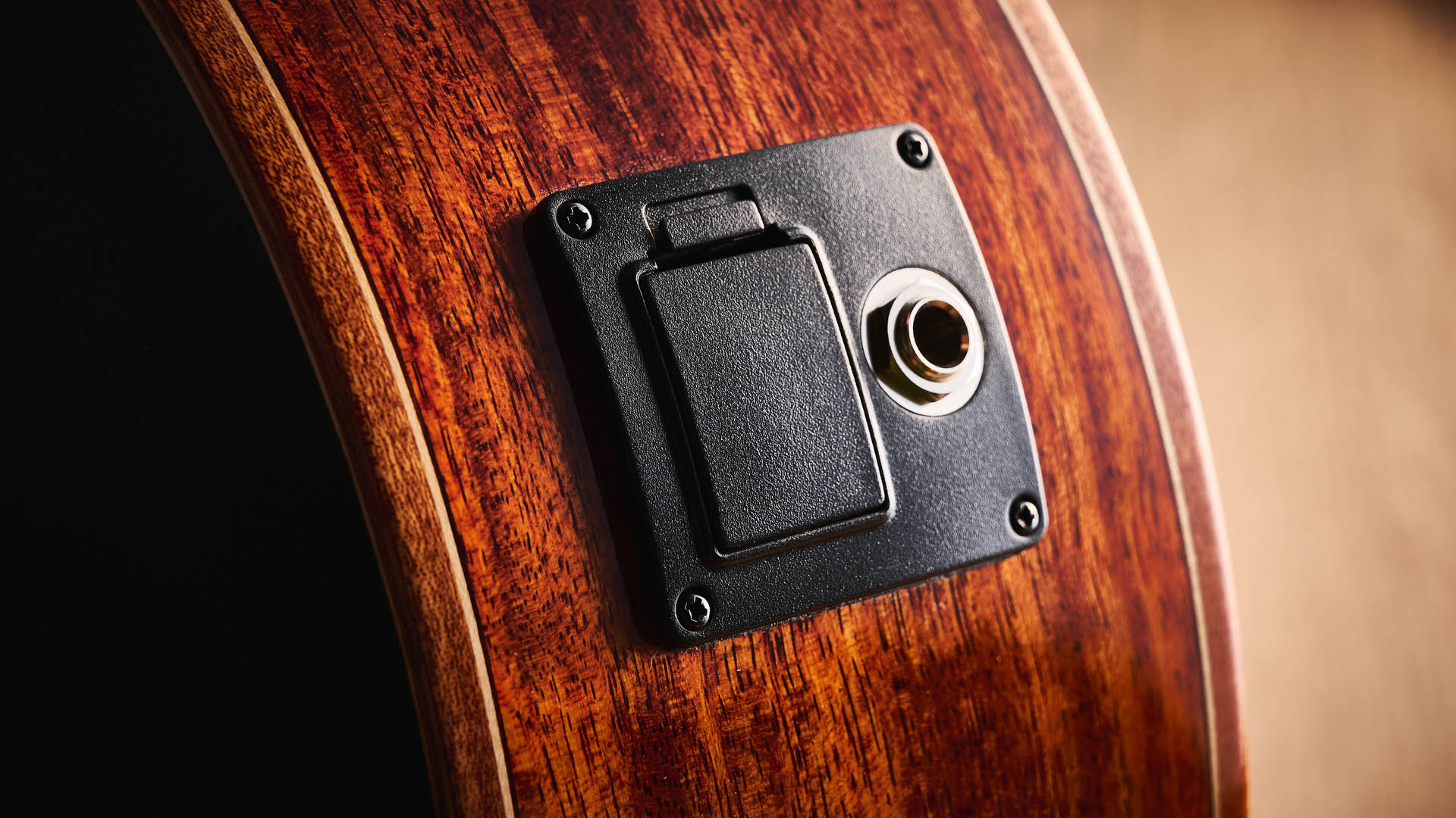 Harley Benton CLC-650SM-CE: the affordable cutaway electro-acoustic has a black top, natural back and sides, with an attractive arm-rest and tortoiseshell pickguard, and is here photographed against a wooden floor.
