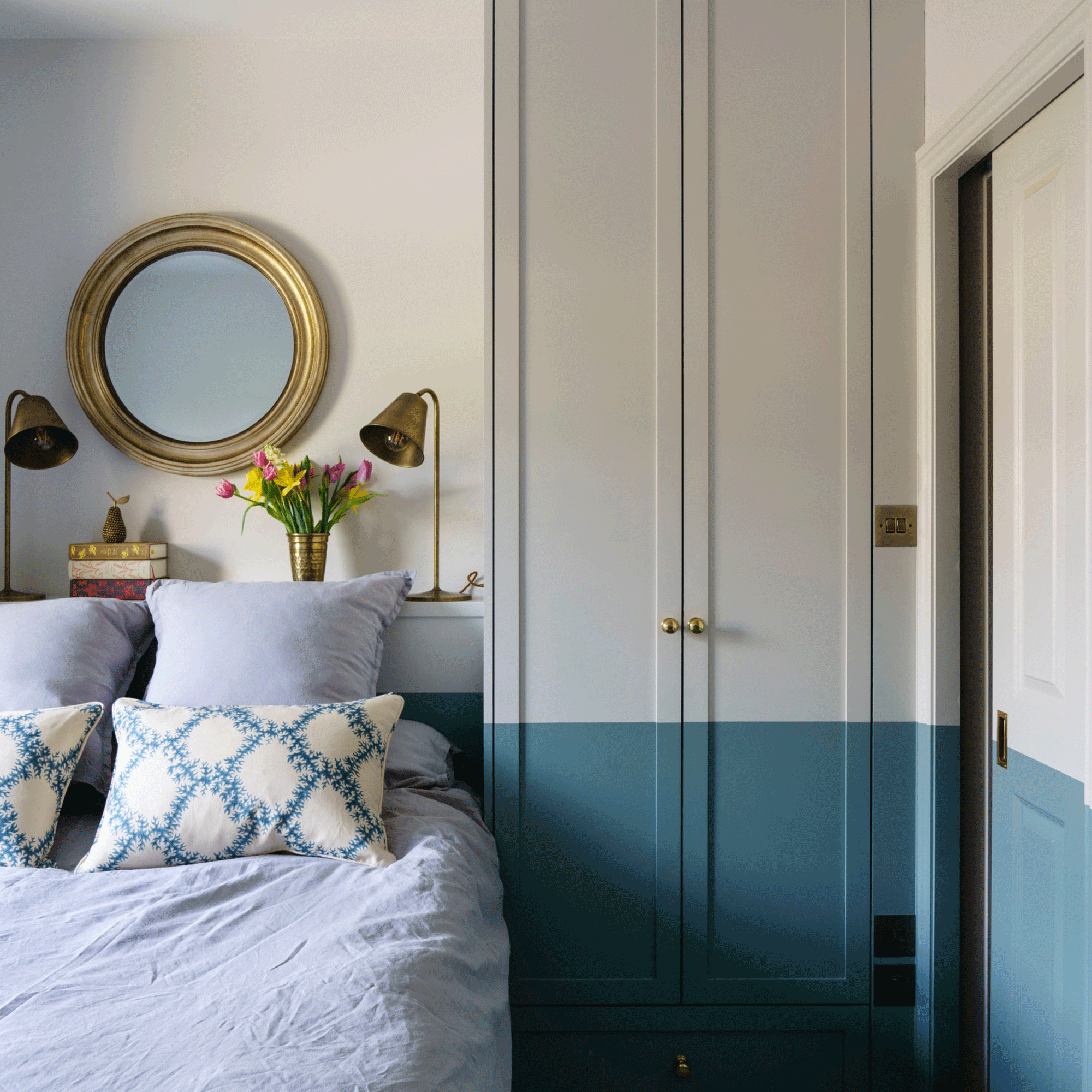 Blue and white bedroom in farrow and ball paint