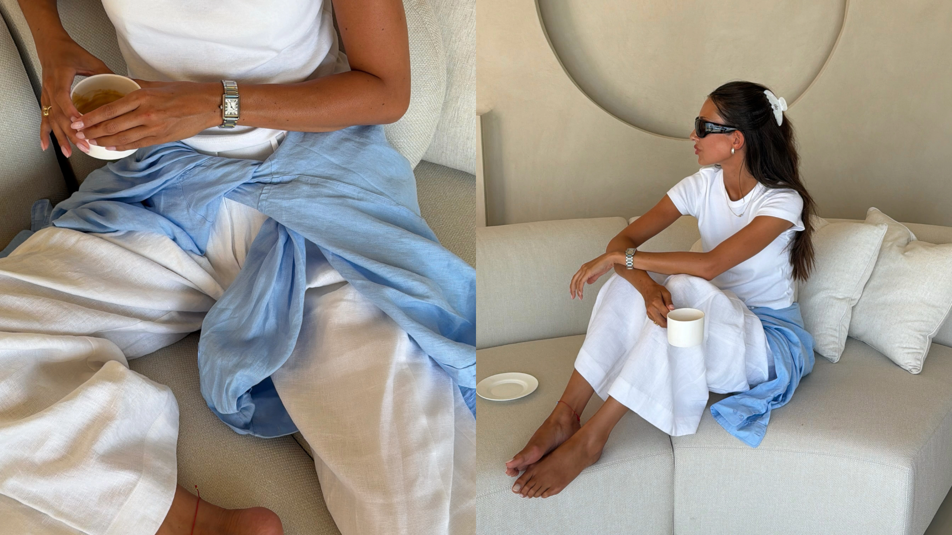 Felicia Akerstrom in a white tee and linen pants