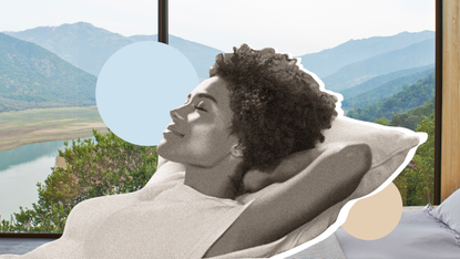 A collage art of a woman resting on a pillow with her eyes closed. The background image is a beautiful resort bedroom with an amazing view of the mountains.