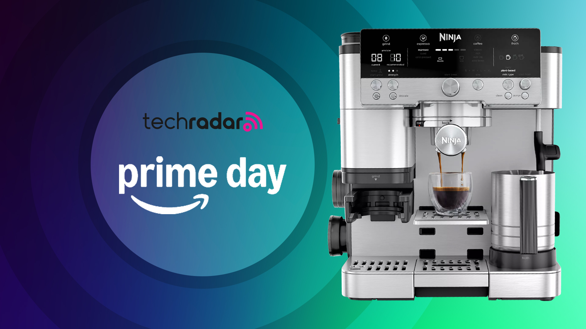 Ninja coffee machine on blue background with text reading &#039;TechRadar Prime Day&#039;