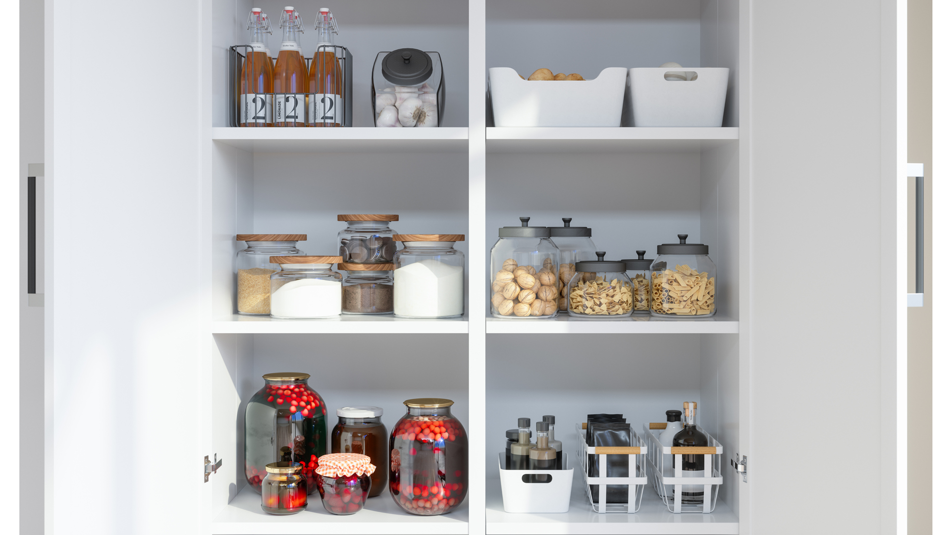 Pantry organized by food groups in jars and baskets on different shelves showing how to organize a pantry more efficiently