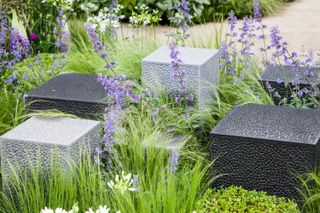 seating area surrounded by nepeta plants