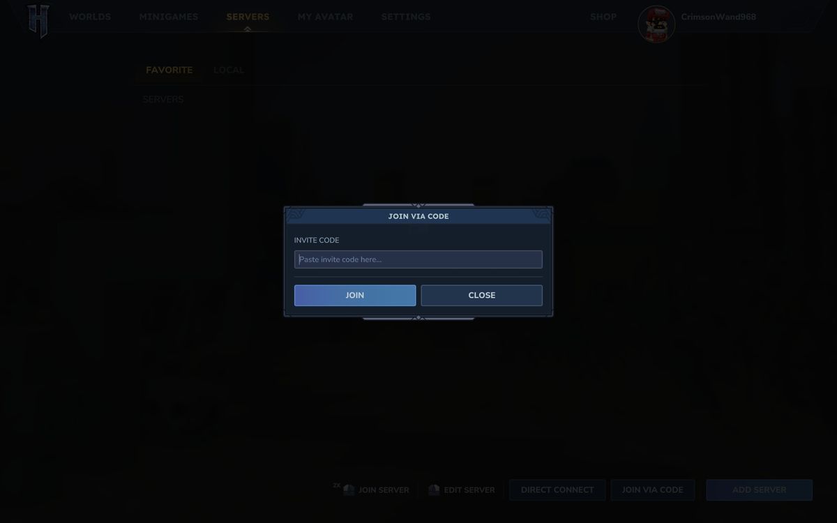 Hytale multiplayer server: The box to input a friend's share code.