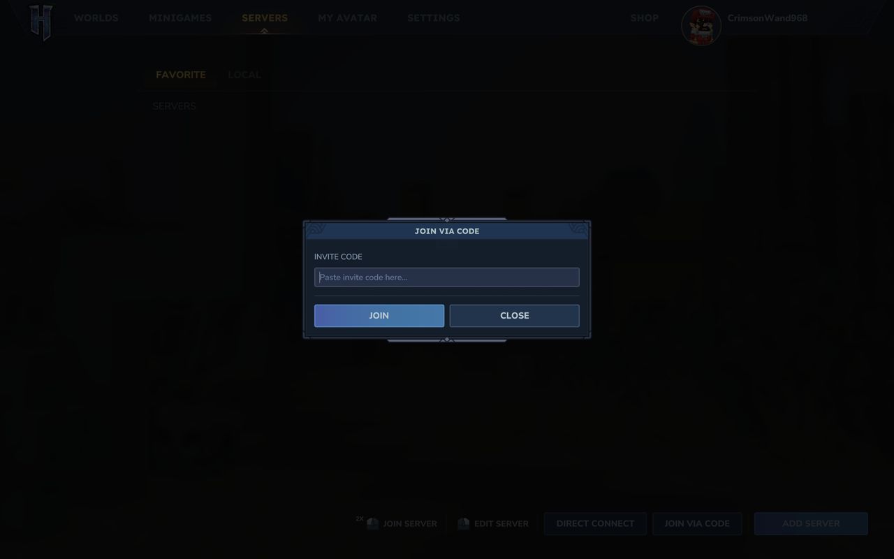 Hytale multiplayer server: The box to input a friend's share code.