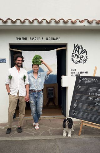 Cédric and Aï Bihr in front of their deli, Yaoya, in Guethary