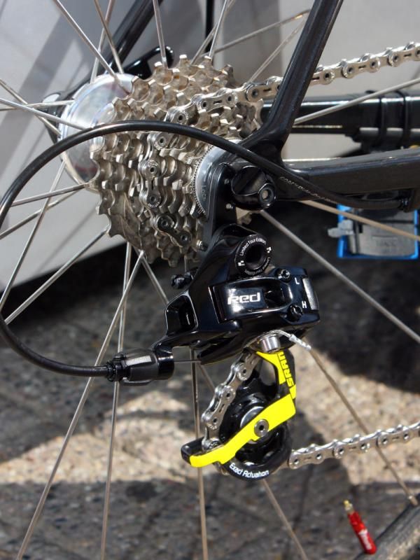 The SRAM Red LTE rear derailleur is bolted to a replaceable alloy hanger.