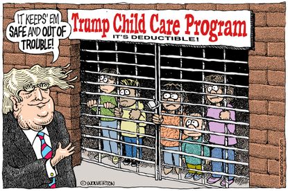 Political cartoon U.S. 2016 election Donald Trump child care plan