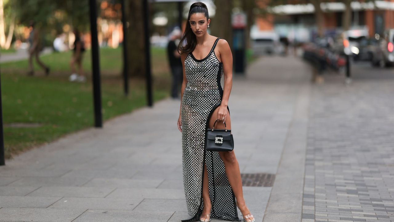 Bettina Looney in black dress at David Koma SS24 GettyImages-1685470129