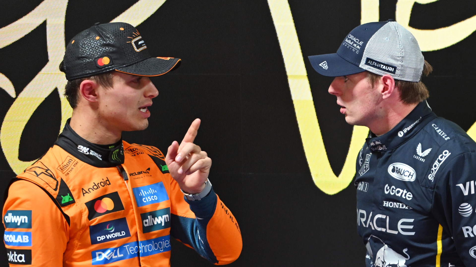 2025 F1 title contenders Lando Norris of McLaren and Max Verstappen of Red Bull in conversation