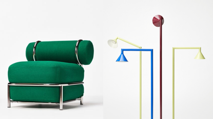 a set of two images, one with a green chair and the other with a collection of colorful floor lamps