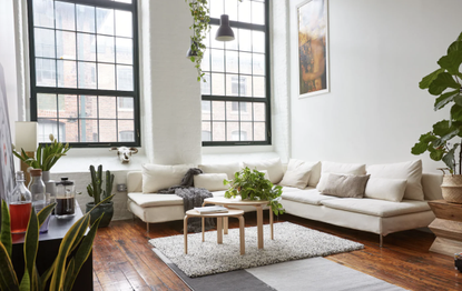 boho style apartment living room in a loft with tall windows and sectional sofa